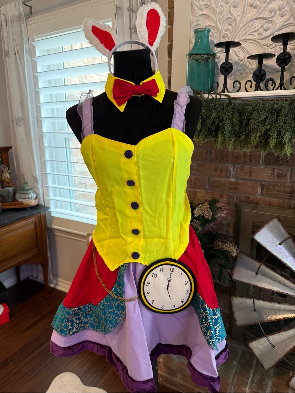 White Rabbit Alice in Wonderland Costume Bunny Ears Clock Colorful Adult Sz Med